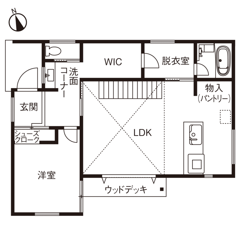 アークホーム　一級建築士事務所 【1000万円台/吹き抜け/間取り図有】標準仕様のスケルトン階段が映えるLDK。家事をラクにするプランも注目の間取り図（2LDK）1階