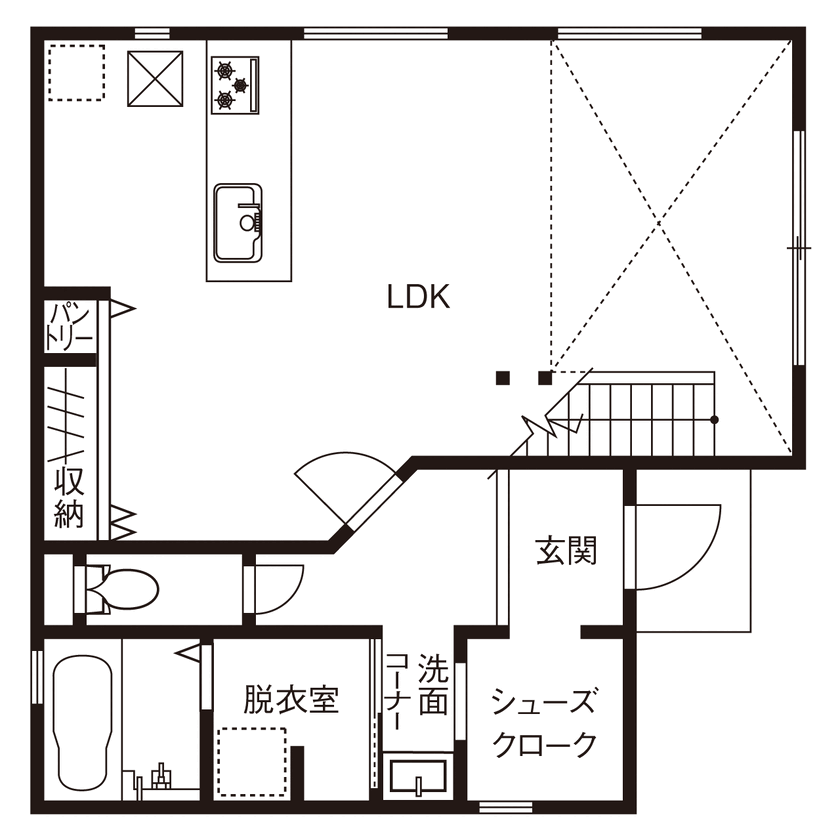 アークホーム　一級建築士事務所 【1000万円台/吹抜け/間取り図有】「コスパ高すぎ！」モデルハウスで実感。ほぼ標準で、家族と楽しむ家への間取り図（3LDK）1階
