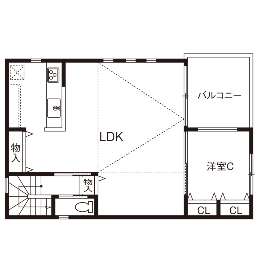 アークホーム　一級建築士事務所 【1000万円台/2階リビング/間取り図有】“隠す”収納で生活感をなくした、こだわりのスタイリッシュなLDKの間取り図（3LDK）2階