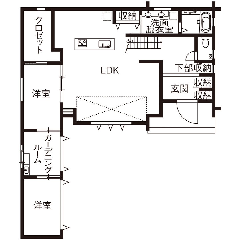 アークホーム　一級建築士事務所 【3000万円台/吹抜け/中庭/間取り図有】ライトコートで内と外をつないだ、自然の心地よさあふれる邸宅の間取り図（4LDK）1階