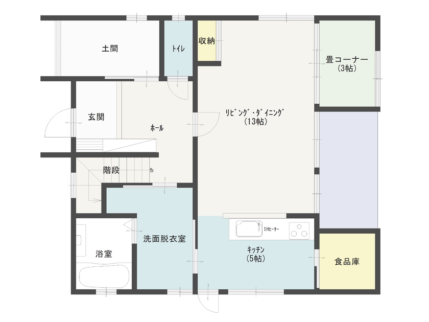 まるるのおうち 【インナーガレージ付きの家/床暖/太陽光】無垢材のフロア、こだわりの洗面台のおしゃれで落ち着く家の間取り図（4LDK）1階