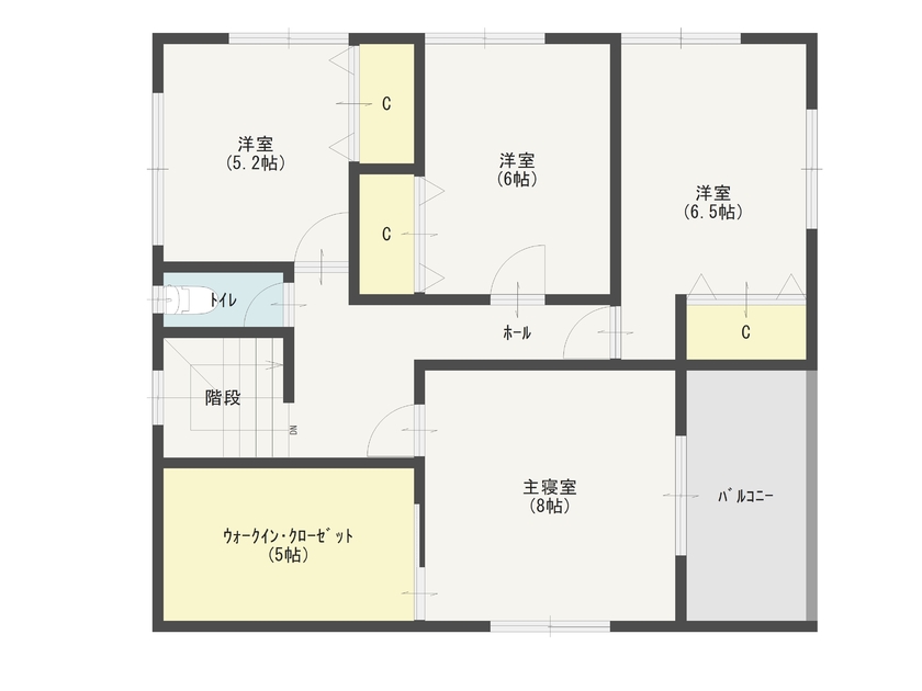 まるるのおうち 【インナーガレージ付きの家/床暖/太陽光】無垢材のフロア、こだわりの洗面台のおしゃれで落ち着く家の間取り図（4LDK）2階