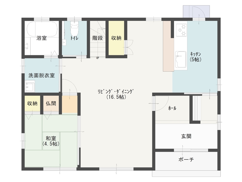 まるるのおうち 【1800万円台/39坪/間取り図】広々としたリビング、堀りごたつ付き和室のある家 の間取り図（5K以上）1階