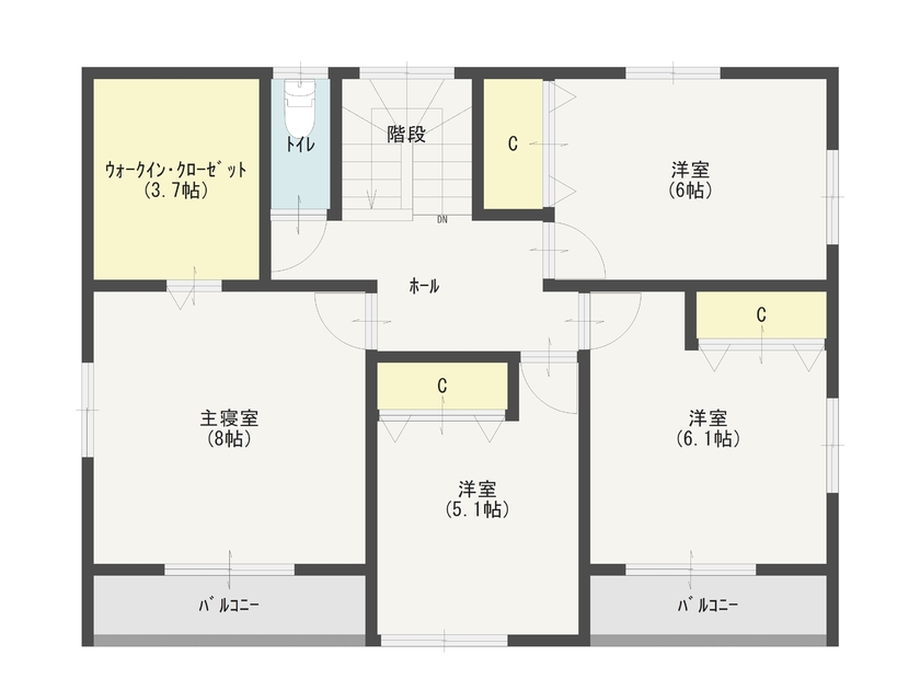 まるるのおうち 【1800万円台/39坪/間取り図】広々としたリビング、堀りごたつ付き和室のある家 の間取り図（5K以上）2階