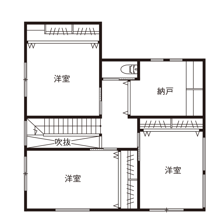 明建ハウス 【和歌山市／3000万円台／間取り図あり】見晴らしのいいアウトドアリビングでBBQやサウナを楽しむ家の間取り図（4LDK＋納戸）2階