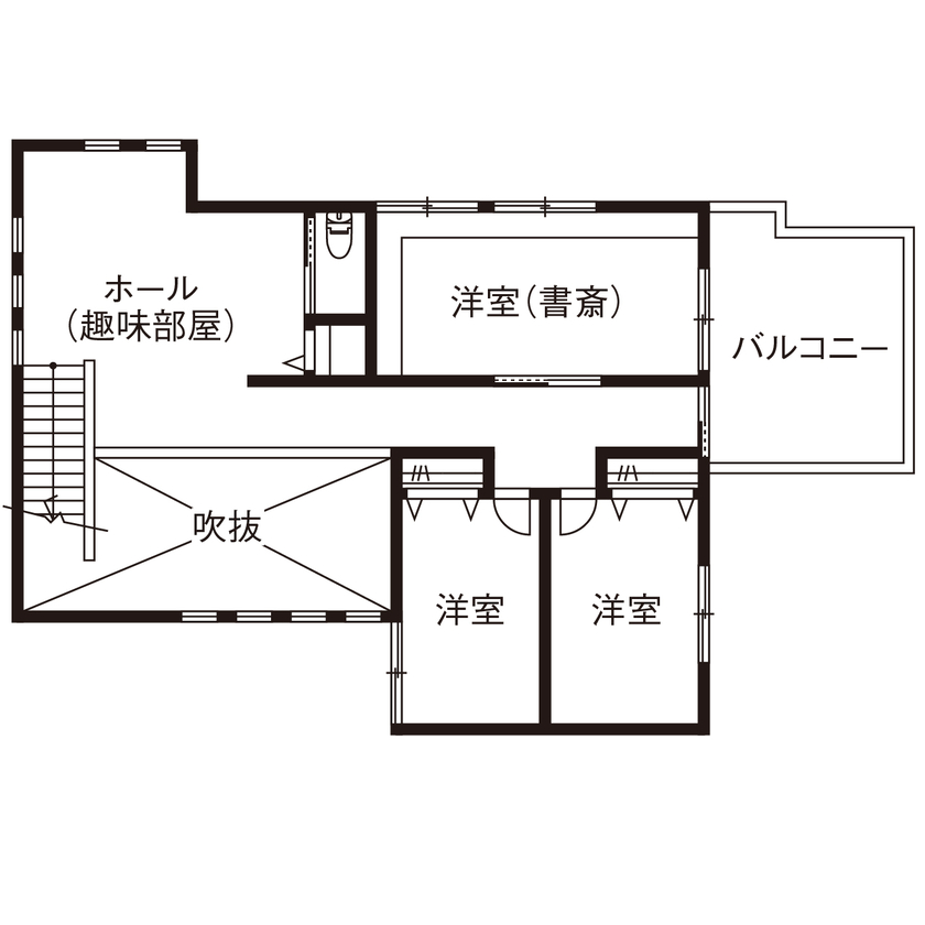 明建ハウス 【和歌山市／平屋ライク／間取り図あり】中庭に面したリビングを中心に主寝室や水まわりをすべて1階に配置の間取り図（5LDK）2階