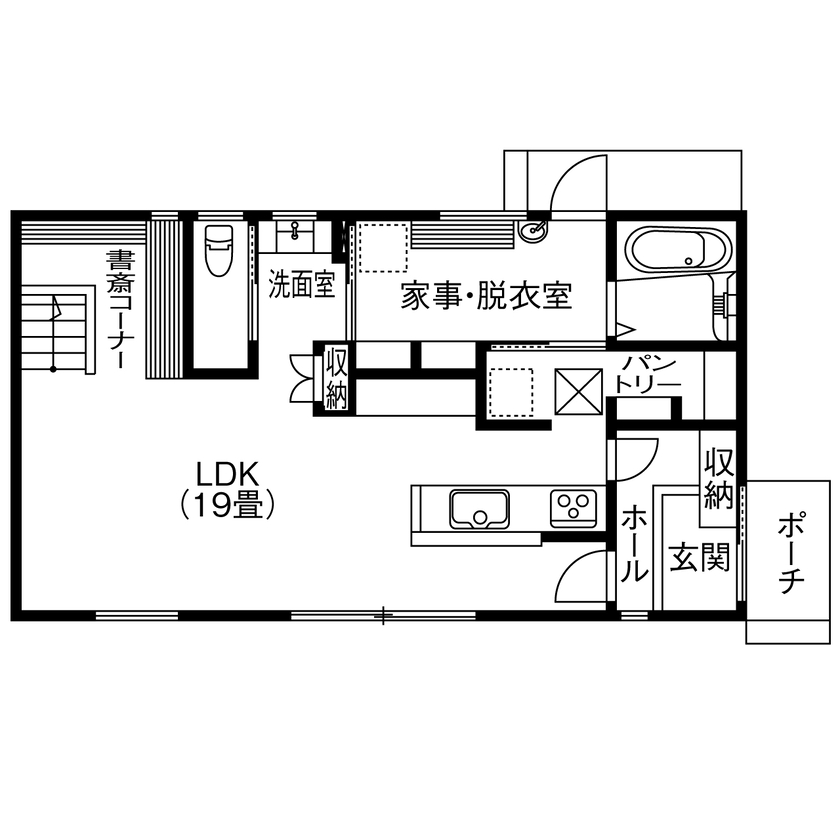 Relax home 【2000万円台/家事がラク/30坪台/間取り図】掃除・洗濯・片付けも。家事が好きになる「ニガテレスハウス」の間取り図（3LDK＋書斎コーナー）1階