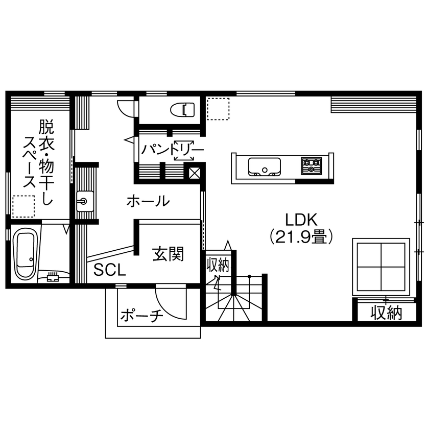 Relax home 【2000万円台/全館空調/30坪台/間取り図】回遊キッチン、水回りへの近道。動線の工夫で家事をラクにした家の間取り図（3LDK）1階