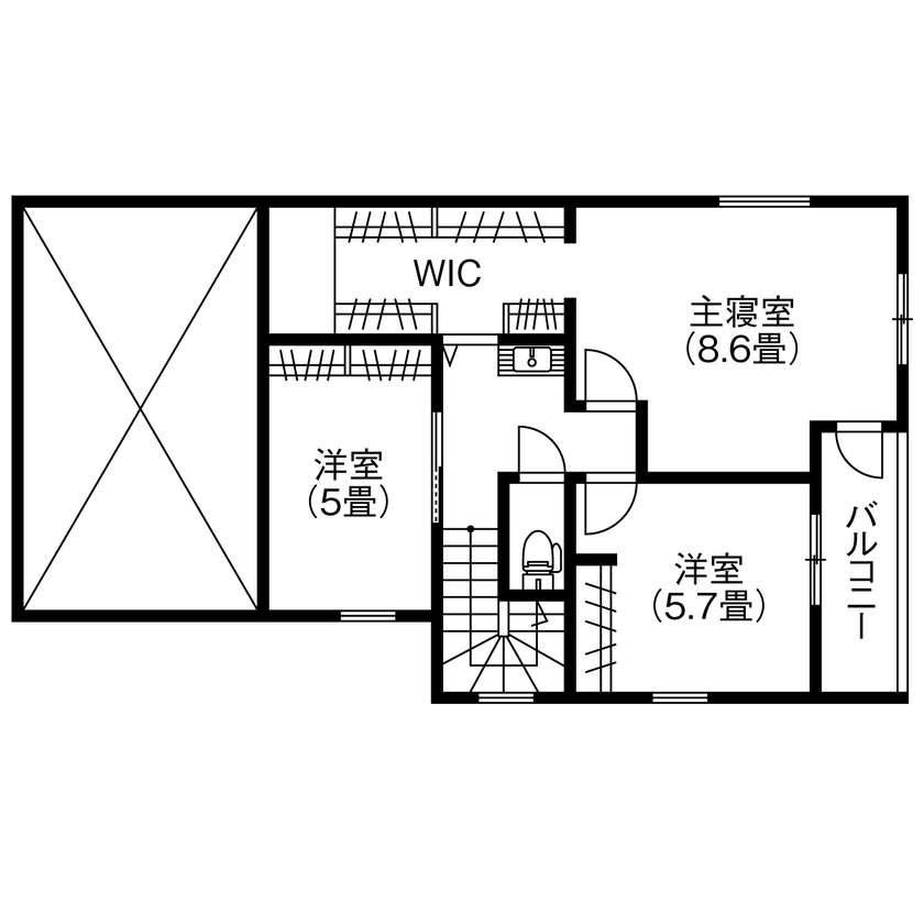 Relax home 【2000万円台/全館空調/30坪台/間取り図】回遊キッチン、水回りへの近道。動線の工夫で家事をラクにした家の間取り図（3LDK）2階