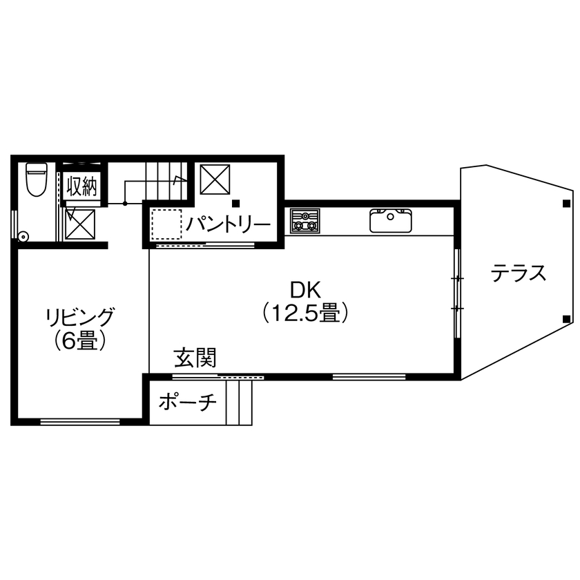 Relax home 【2000万円台/コンパクト/20坪台/間取り図】気分は高原リゾート。外の空気と緑に癒されるテラスのある家の間取り図（1LDK＋テラス）1階