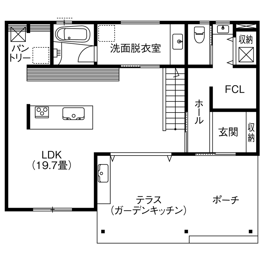 Relax home 【3000万円台/アウトドアリビング/40坪台/間取り図】風を感じるダイニングとガーデンキッチンのある家の間取り図（4LDK＋テラス）1階