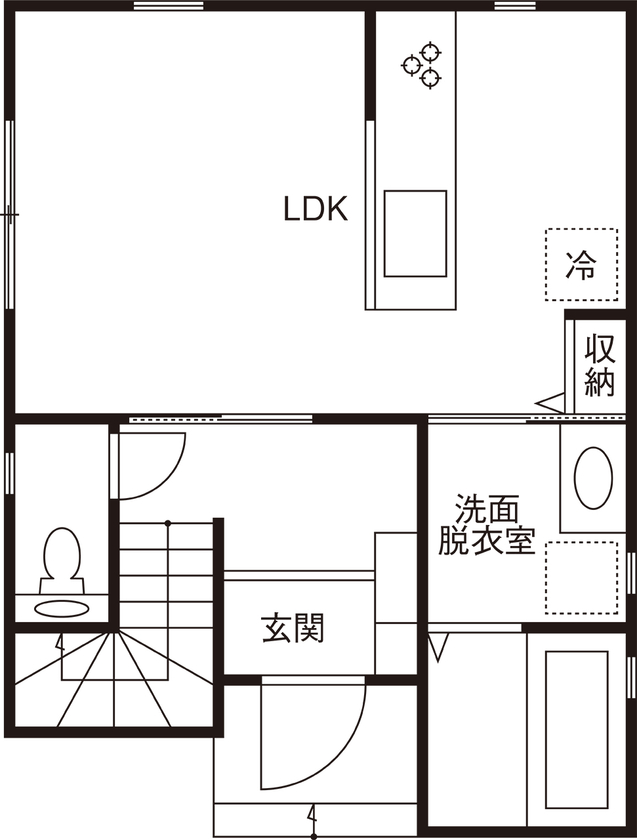 ａｒｄ（アルデ） 【1000万円台/シンプル/家事ラク】無駄のない間取りで広々LDK。窓からの緑がアクセントのモダンな空間の間取り図（2LDK）1階