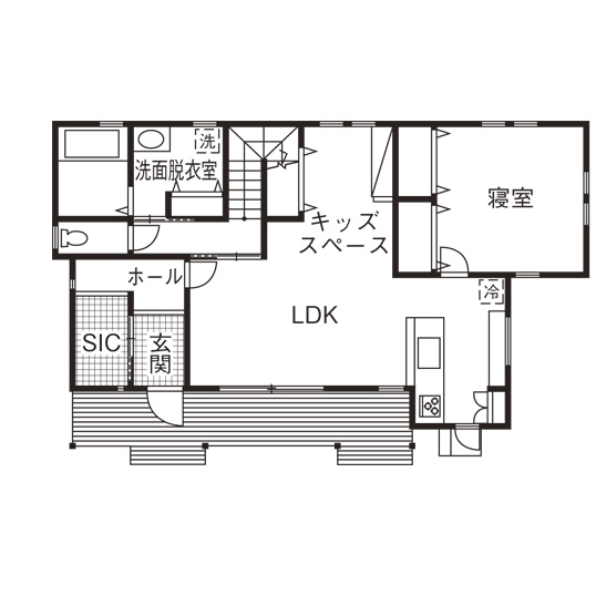 アヴィエスホーム 【間取り図有/39坪】自然素材がいっぱいのアメリカンサーファーズハウスデザインと家族の健康の両方を確保の間取り図（3LDK）1階