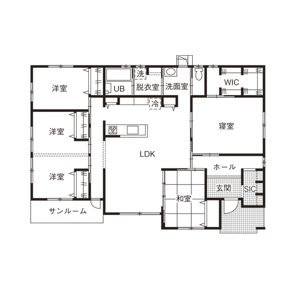 アヴィエスホーム 【間取り図有/39坪/2000～2499万円】健康塗り壁の爽やかさが心地いい！勾配天井で広々快適な平屋の住まいの間取り図（4LDK）1階