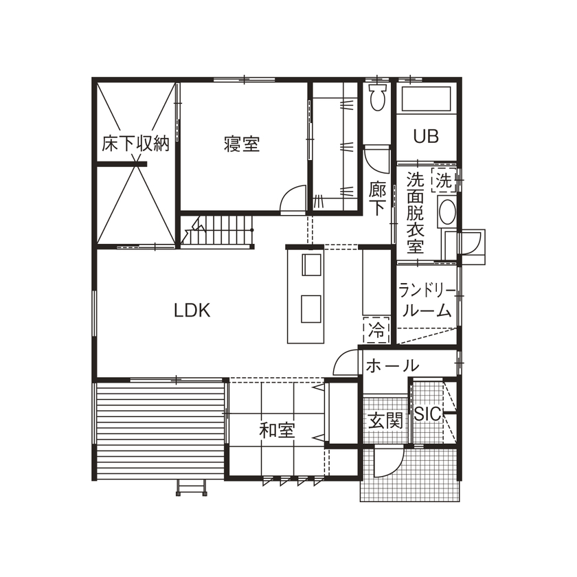 アヴィエスホーム 【間取り図有/30坪/2200万円～2299万円】素材や間取りで遊び心をプラス！塗り壁の心地よさをまとう平屋の間取り図（2LDK）1階