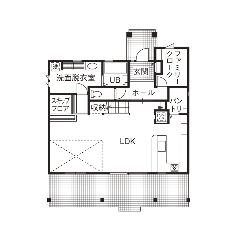 アヴィエスホーム 【間取り図有/35坪】細やかな対応で「好き」を実現。スキップフロアや吹き抜けで家族が「繋がる」暮らしの間取り図（2LDK）1階