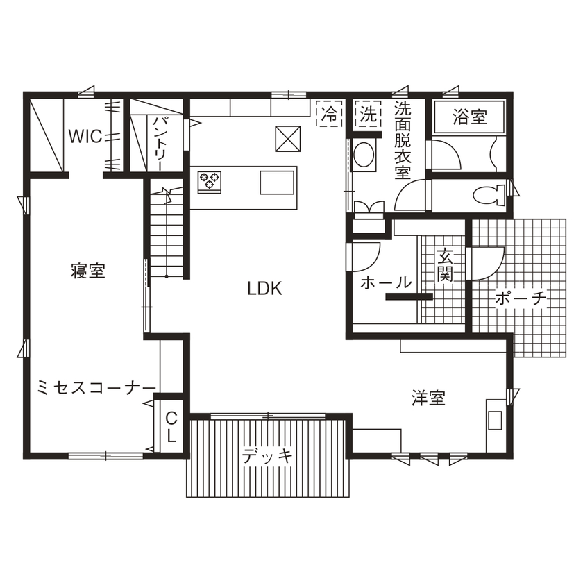 コンチネンタルホーム 【平屋/間取り図有】白をベースとしたスタイリッシュモダンのお家の間取り図（2LDK）1階