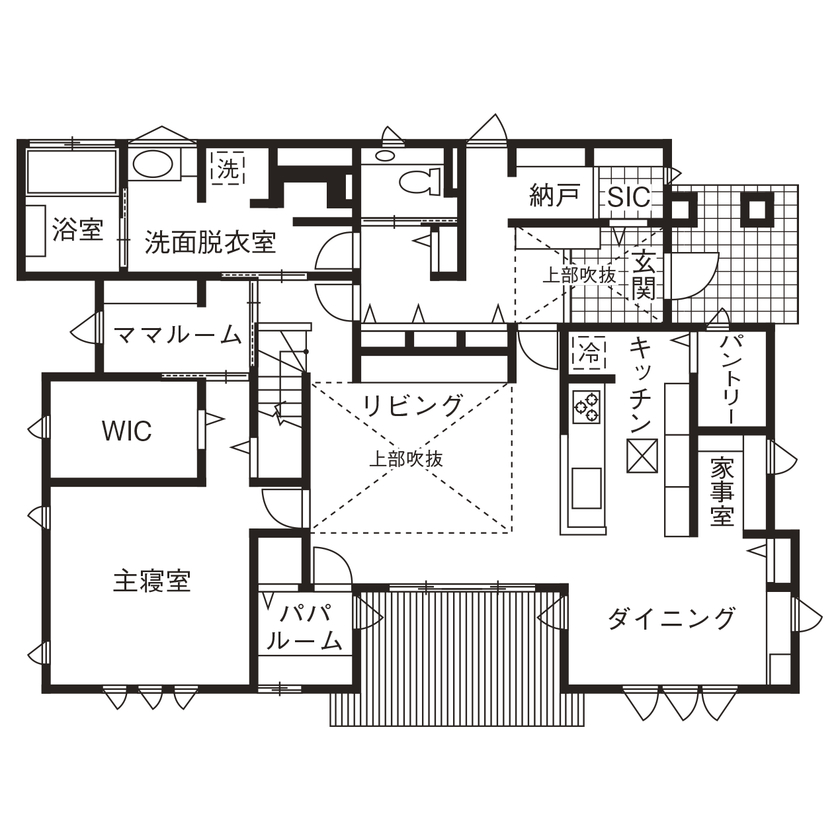 コンチネンタルホーム 【平屋/間取り図有】新たな生活様式を取り入れた、お家で仕事も趣味も楽しむことができる快適空間の間取り図（3LDK）1階