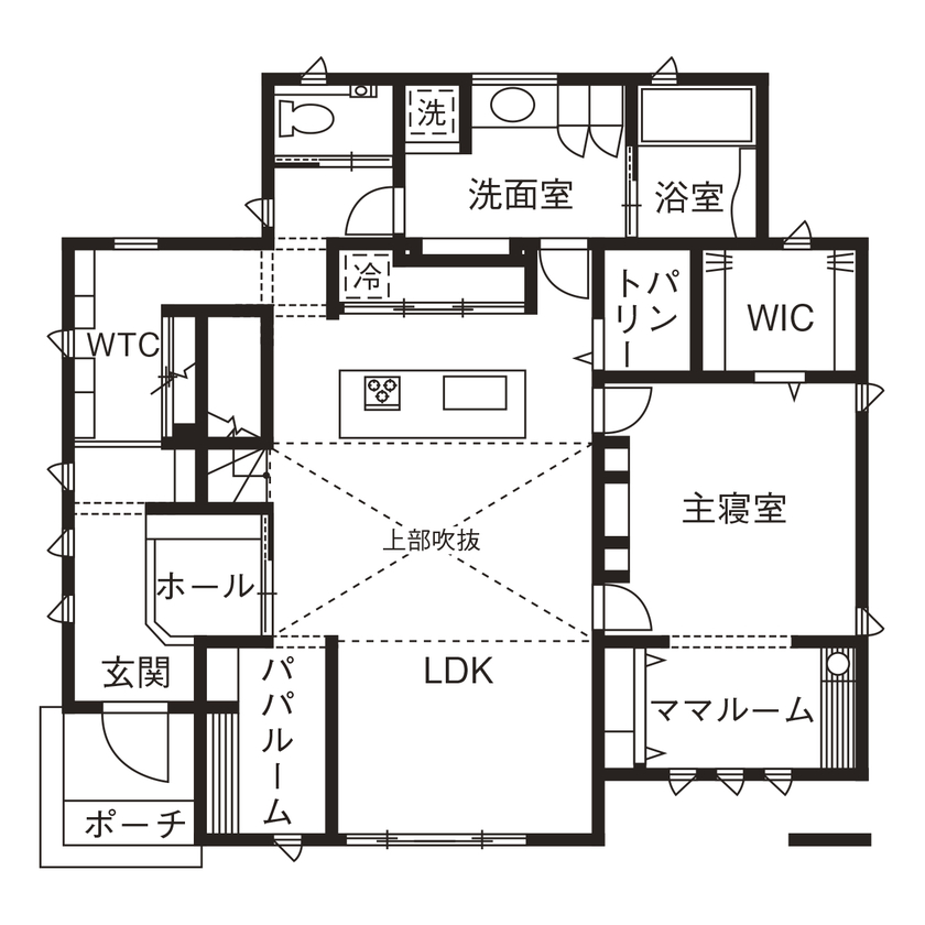 コンチネンタルホーム 【平屋/間取り図有】片流れの大屋根の1階で完結できる平屋暮らしの間取り図（3LDK）1階