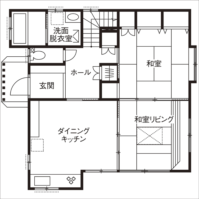 助川工務店 【2000万円台|30坪台|間取り|自然素材】匠の技が光る和室は上質な空間。古民家風のお洒落な和モダンハウスの間取り図（4DK）1階
