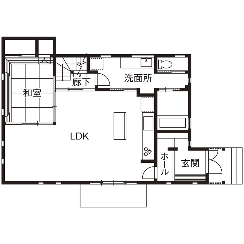 助川工務店 【2000万円台|40坪|間取り|土間玄関】青空に映える真っ白な外観がお洒落。光と風を優しく取り込む木の家の間取り図（4LDK）1階