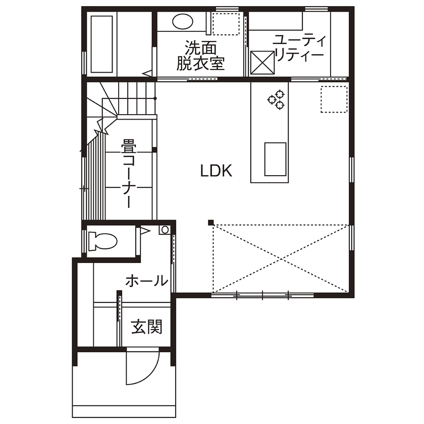 助川工務店 【2000万円台|20坪台|間取り|高気密高断熱】もみの木に包まれる開放空間。リビングの吹き抜けが心地よい家の間取り図（3LDK）1階