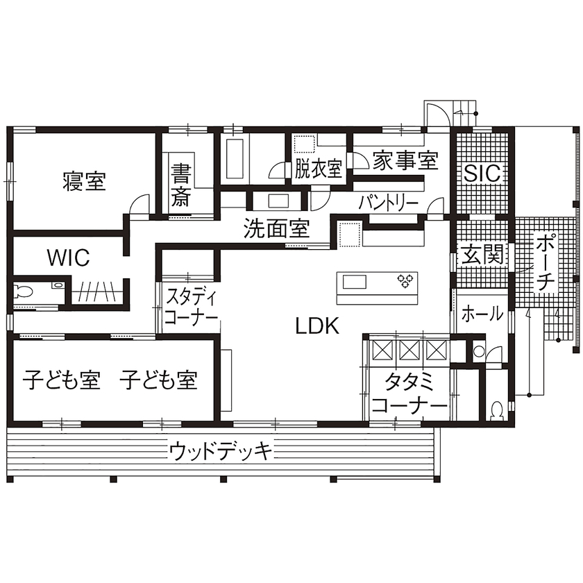 助川工務店 【平屋/自然素材/造作家具/間取り図有】勾配天井の開放感と、便利な生活動線が嬉しい「もみの木」の家の間取り図（2LDK）1階
