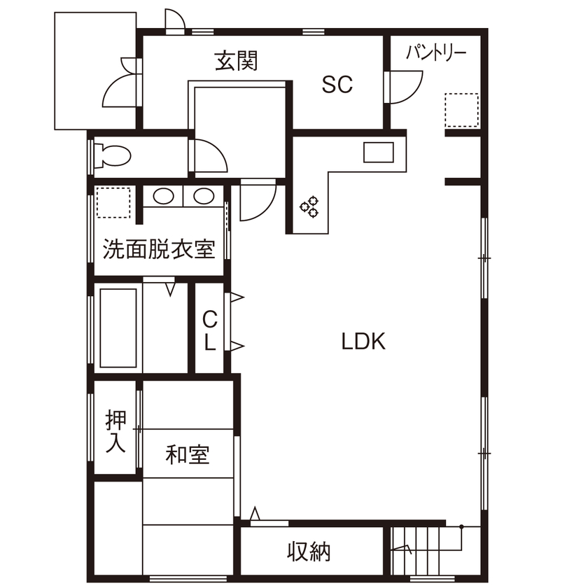 マルマインハウス 【生駒郡平群町／2500～3000万円】家族８人がのびのび暮らす。床と天井に高低差をつけた立体的空間設計の間取り図（４LDK＋ロフト）1階