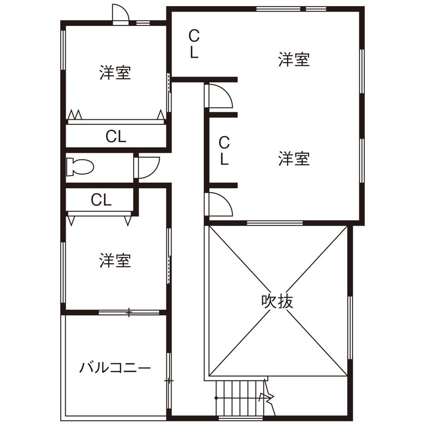 マルマインハウス 【生駒郡平群町／2500～3000万円】家族８人がのびのび暮らす。床と天井に高低差をつけた立体的空間設計の間取り図（４LDK＋ロフト）2階