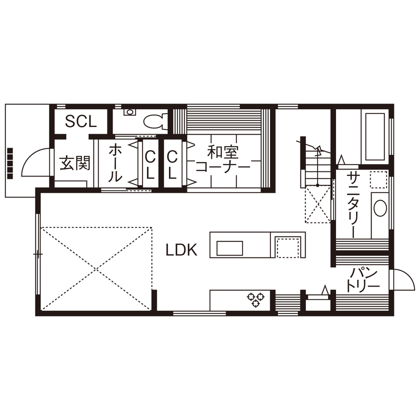 マルマインハウス 【生駒市/3000万円台/36坪/2階建て/間取図】ZEHを超える断熱性能「HEAT20」で吹き抜けでも年中快適に暮らすの間取り図（3LDK+和コーナー＋SCL）1階