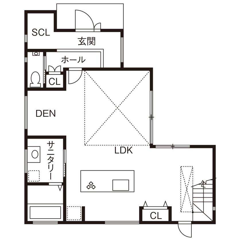 マルマインハウス 【奈良県/2820万円/間取り有】吹き抜けリビングとひと続きのテラス　こだわり抜いた設計力で一体感のある家の間取り図（3LDK+DEN+WIC+SCL）1階