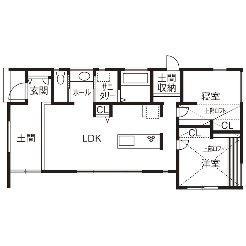 マルマインハウス 【生駒市／2600万円／平屋】21坪で広々と暮らす。「自分たちらしさ」から導かれたコンパクトな大人の住まいの間取り図（2LDK+土間）1階