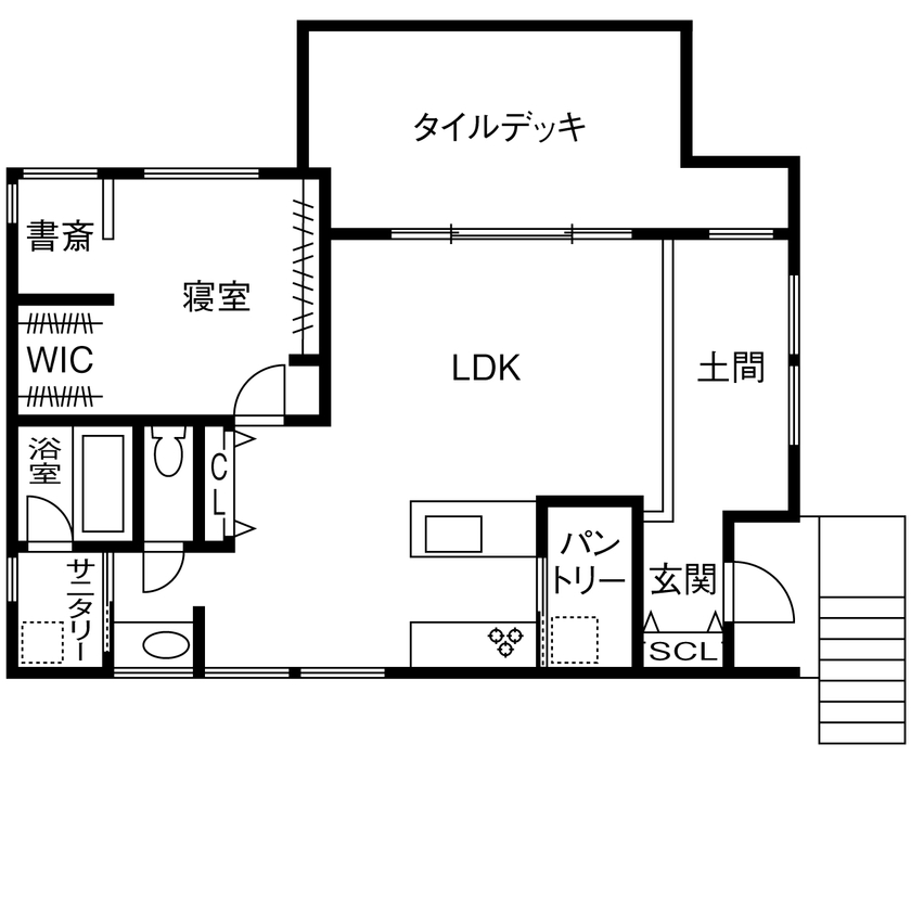 マルマインハウス 【五條市/平屋/2000～2500万円/間取り有】周辺の自然と調和する、眺望をいかした設計で豊かな暮らしが叶うの間取り図（１LDK＋土間+書斎）1階