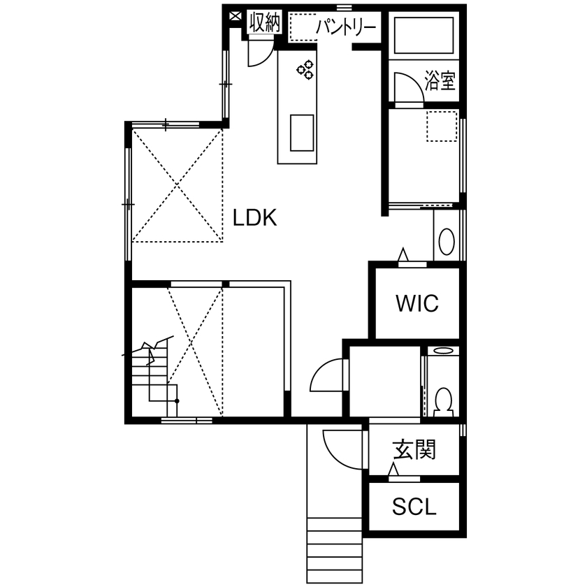 マルマインハウス 【生駒郡/3000～3500万円/グランドピアノのある家/間取り】2つの吹抜けが立体感を演出する、上質感漂う邸宅の間取り図（3LDK）1階