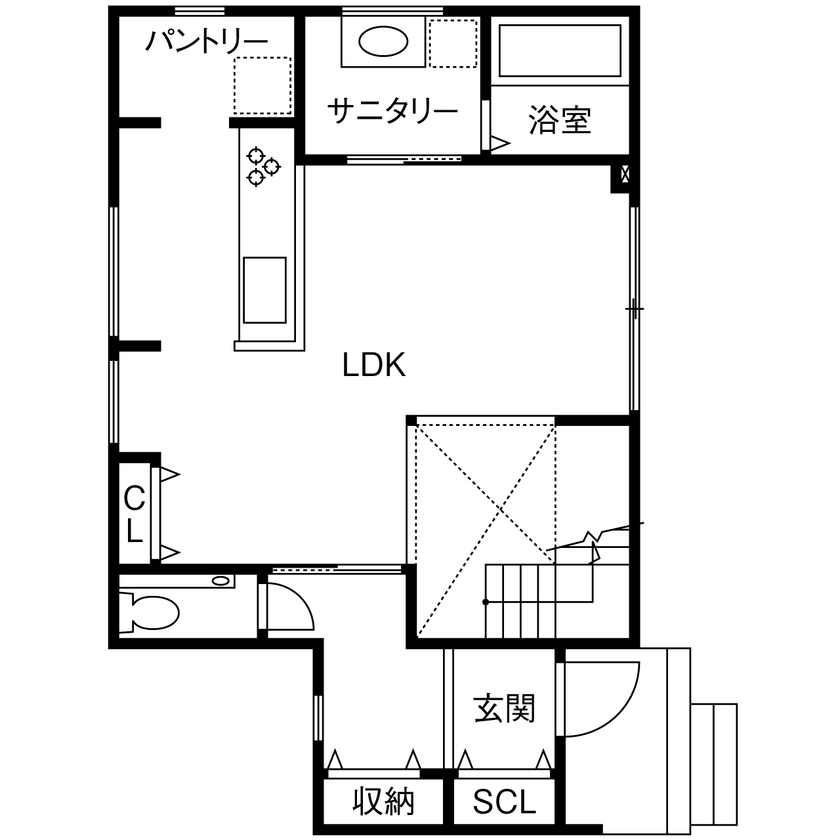 マルマインハウス 【大和郡山市/2000万円台/30坪/2階建て/間取図】白×くすみカラーで映える、生活感を隠した癒しの家の間取り図（3LDK+ヌック）1階