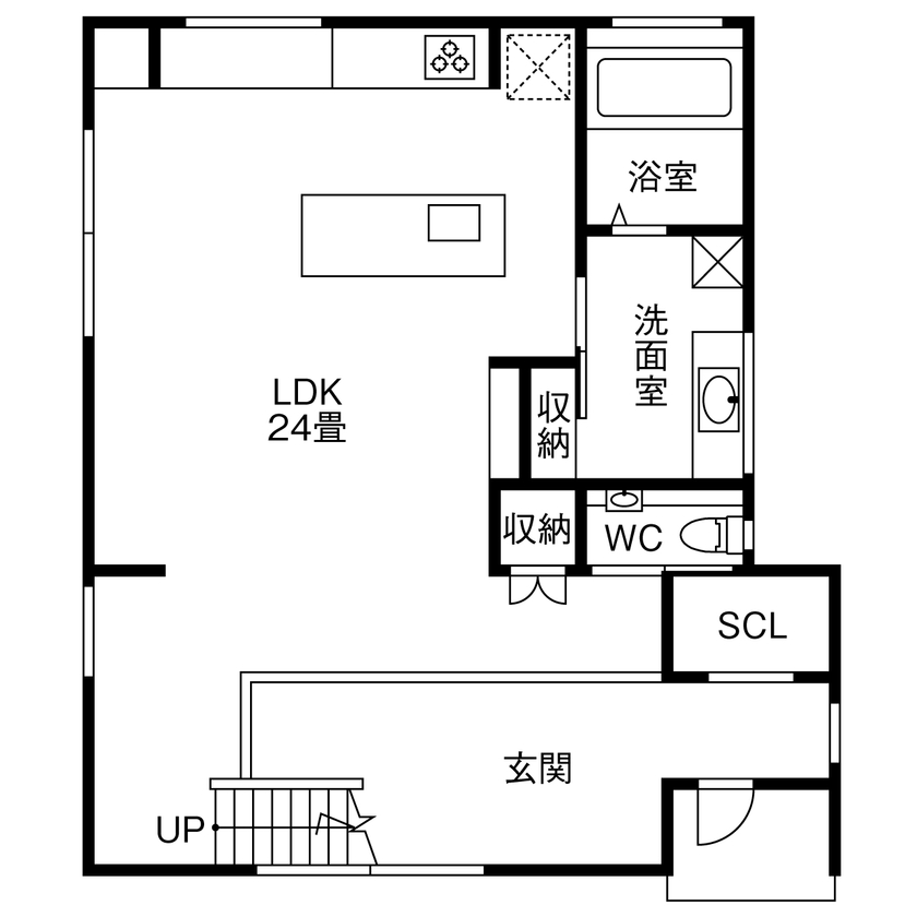 マルマインハウス “アウトドア家族”らしいダイナミックにレイアウトされた土間がよくなじんだ、“外での遊びが充実する家”の間取り図（3LDK+土間）1階