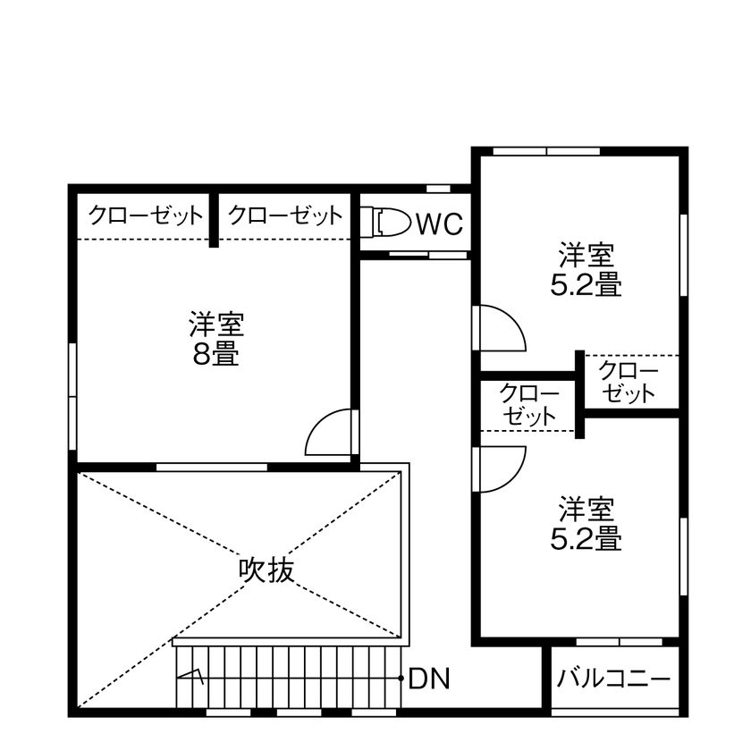 マルマインハウス “アウトドア家族”らしいダイナミックにレイアウトされた土間がよくなじんだ、“外での遊びが充実する家”の間取り図（3LDK+土間）2階