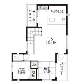 トヨタホーム 都市の家に光と風を呼び込む設計力　明るく広びろとした空間に人が集うの間取り図null2階