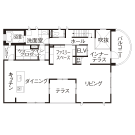 トヨタホーム 中庭と吹き抜けで光あふれる空間に。構造の強さが、自由なプランを実現の間取り図null2階