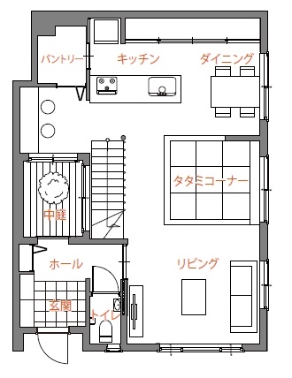 トヨタホーム 開放感あふれるリビングに家族が集う家の間取り図null1階