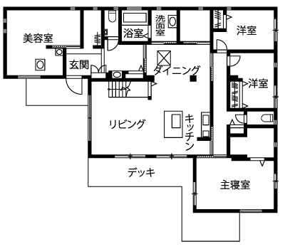 トヨタホーム 【45坪以下/平屋実例/アイランドキッチン/賃貸・店舗併用 】光が降り注ぐ広々とした平屋建ての間取り図null1階