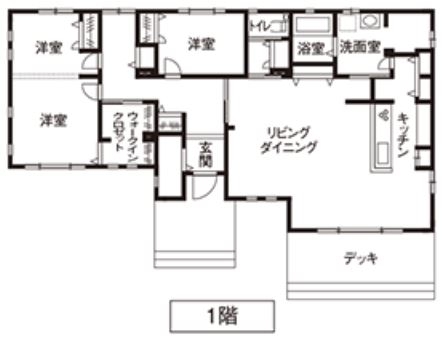 トヨタホーム 広々としたLDKを中心に暮らしを楽しむ、アメリカンテイストの平屋の間取り図（3LDK）１階