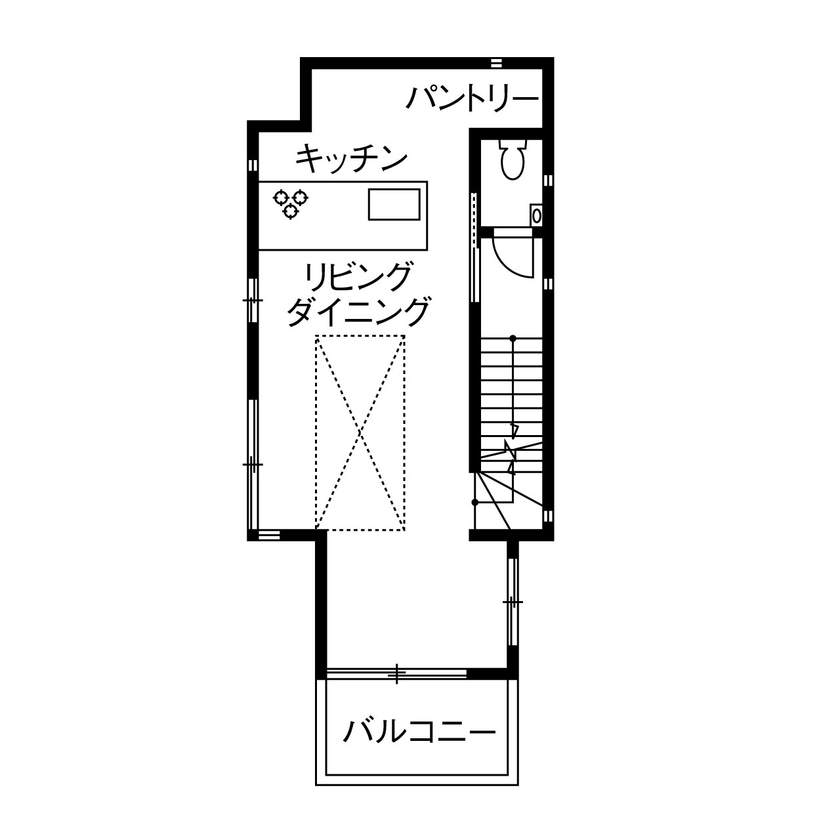 トヨタホーム 【30坪以下/ 吹抜け/3階建て】都市の狭小地でも空間を有効活用。吹き抜けのあるLDKを実現した3階建ての間取り図（3LDK）２階