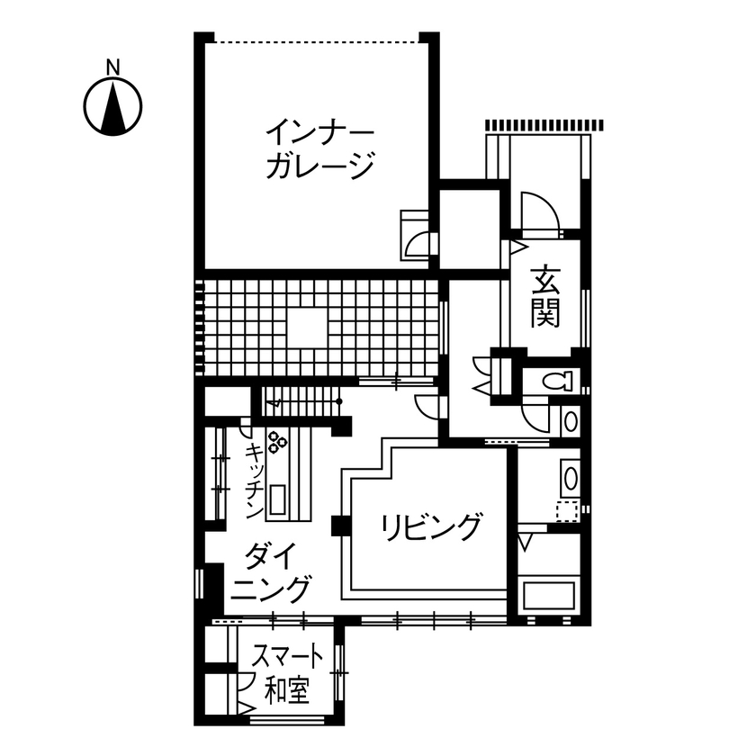 トヨタホーム 【65坪以下/インナーガレージ】テーマは「外に閉じ、内に開く」。想像以上の明るさと広がりを叶えた住まいの間取り図（4LDK）１階