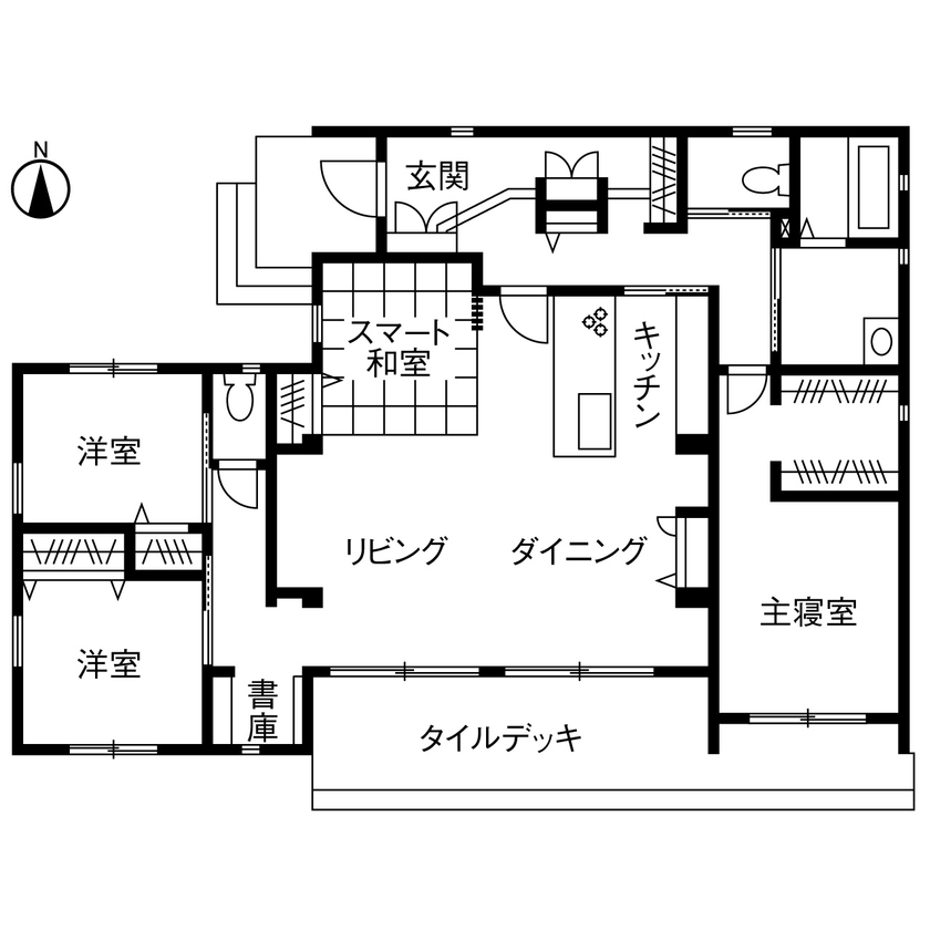 トヨタホーム 【40坪以下/全館空調/大開口】家事移動が少ない平屋建て。開放的なリビング・ダイニングは極上の癒し空間の間取り図（3LDK）１階