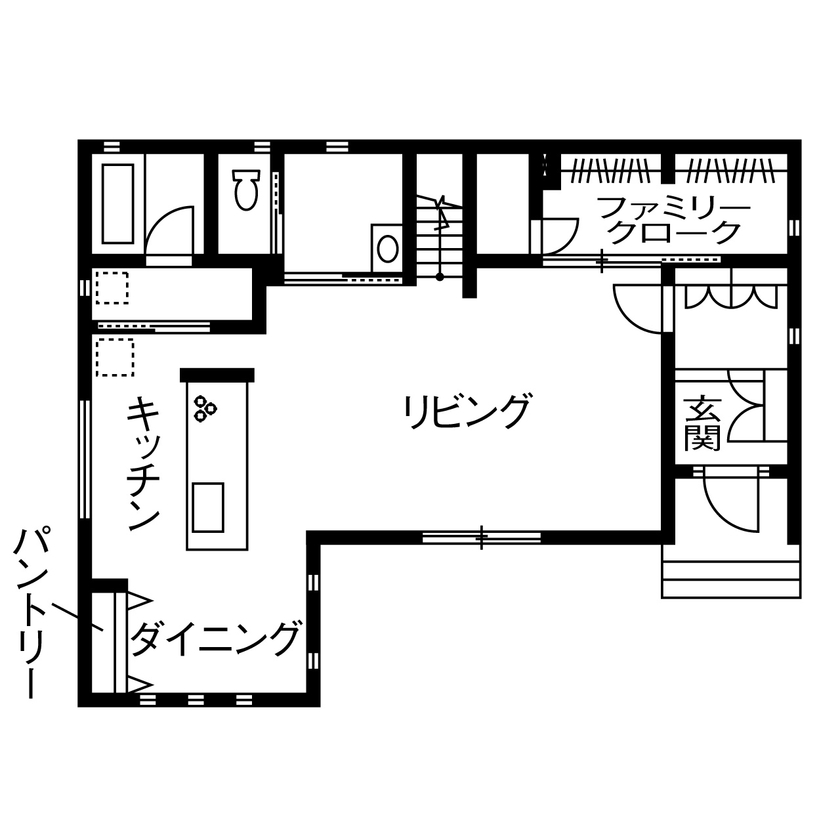 トヨタホーム 【50坪以下/全館空調/太陽光発電】ZEHを採用し「冬暖かく夏涼しく」。収納の工夫ですっきり大空間の家にの間取り図（4LDK）1階
