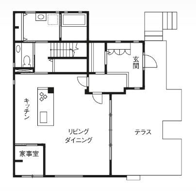 トヨタホーム テラスのあるオープン空間で家族とくつろぎ、仲間と集う。ウェルカムな雰囲気に包まれた開放的な住まいの間取り図（3LDK）1階