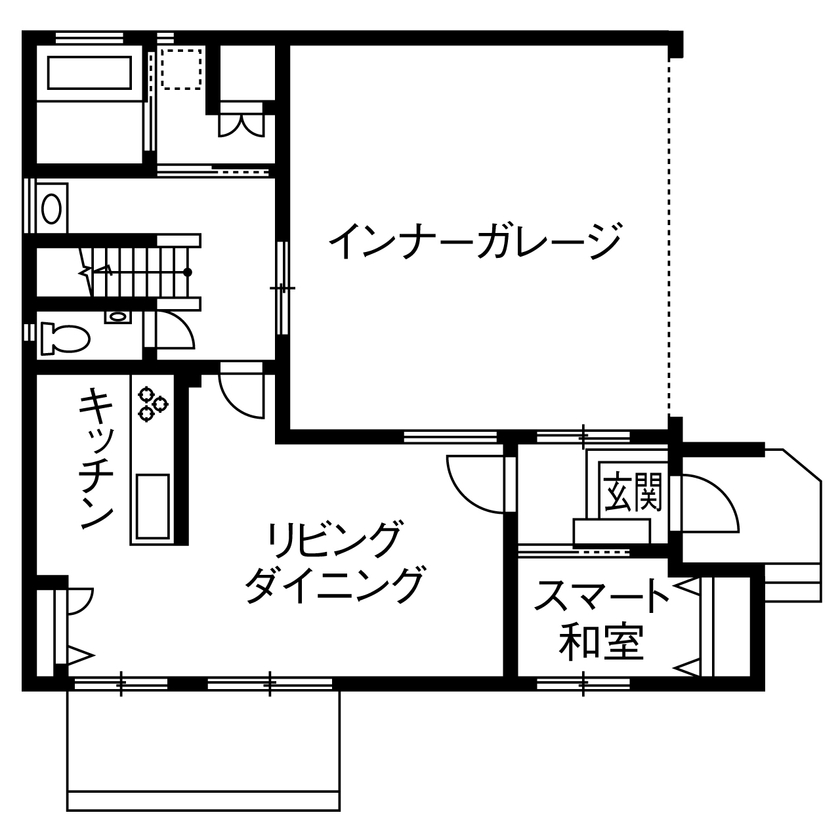 トヨタホーム 【50坪以下/全館空調/家事ラク】主役は愛車を魅せるインナーガレージ。美しい佇まいの中に快適満載の住まいの間取り図（4LDK）1階