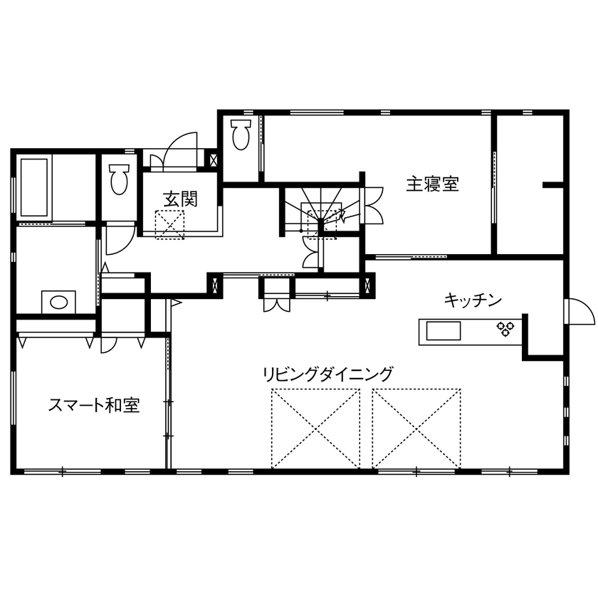 トヨタホーム 【40坪以下/平屋/大開口/太陽光発電】アメリカで暮らした、開放的で全館空調のある平屋の快適さを再現の間取り図（2LDK）1階