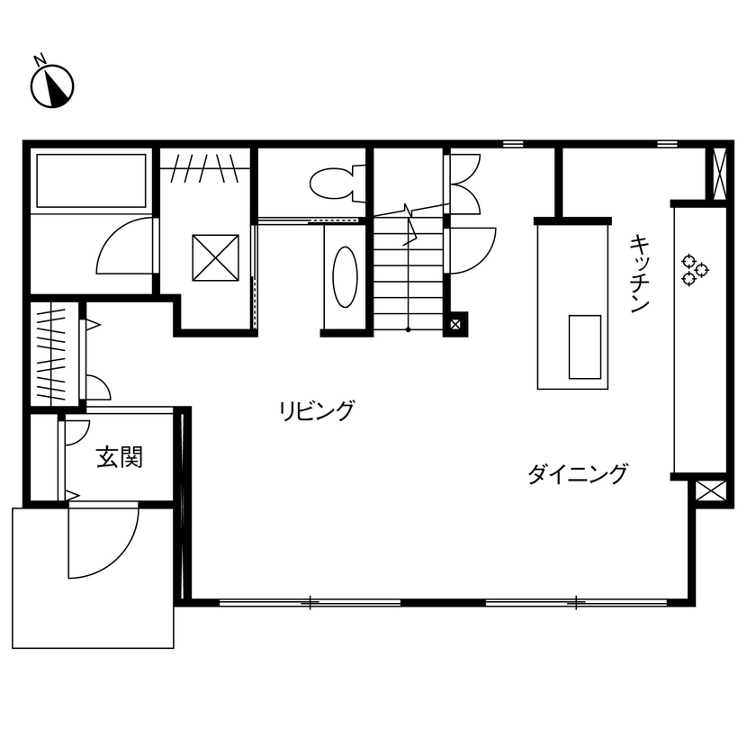 トヨタホーム 家族の気配を感じながら暮らせる、リビング中心のオープンな住まいの間取り図（2LDK）1階